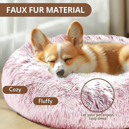 JOLLYVOGUE Calming Dog Beds Large Sized Dog, 36in Donut Washable Large Pet Bed, Anti-Slip & Anti-Anxiety Fluffy Faux Fur Round Dogs Bed, Fits up to 80 lbs Pets (Smoke Pink)