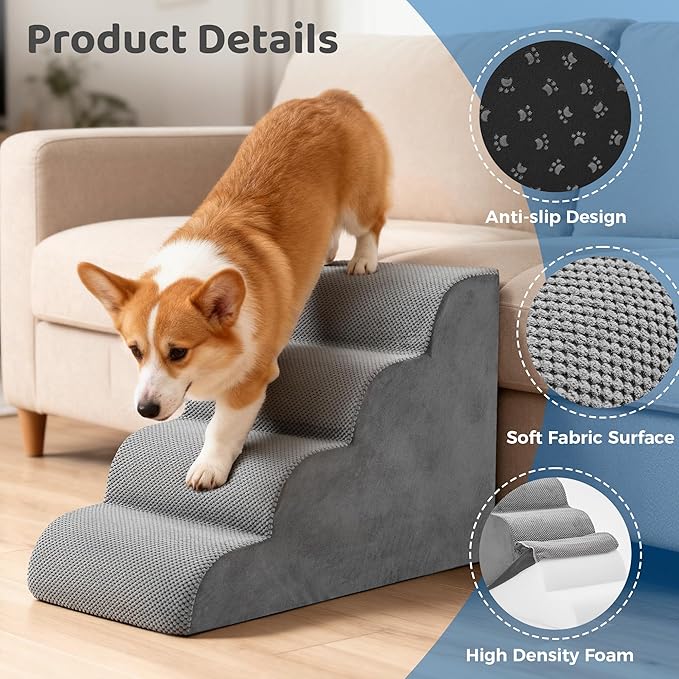 DUMOS Dog Stairs Ramp for Small Dogs and Cats, 4-Step Curved Pet Dog Steps with High-Density Foam for Puppy and Older Cats, Indoor Non-Slip Pet Ladder Ramp Stairs for Couch, High Beds, Sofa, Car, Grey