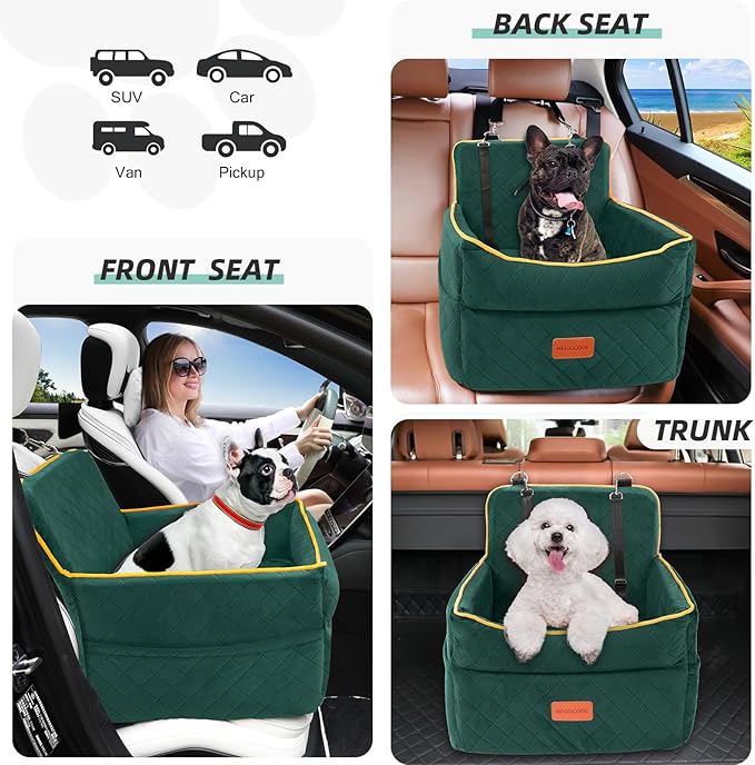 HEGGCOOE Dog Car Seat for Small Medium Dogs, Memory Foam Puppy Dog Booster Seat with Thick Cushion for Dogs Under 35lbs, Detachable Washable Pet Car Seat Travel Bed with Storage Pockets,2 Safety Belts