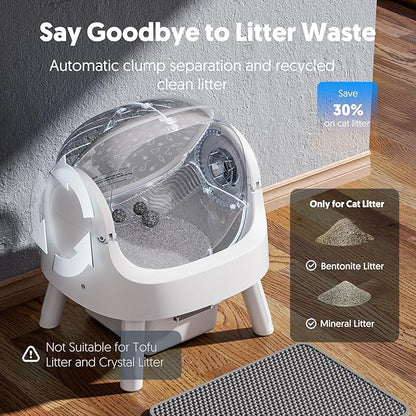 PetPivot Self Cleaning Litter Box, Open Top Automatic Litter Box for Multiple Cats, Multiple Layer Safety Protection, Liners and Mat Included, White