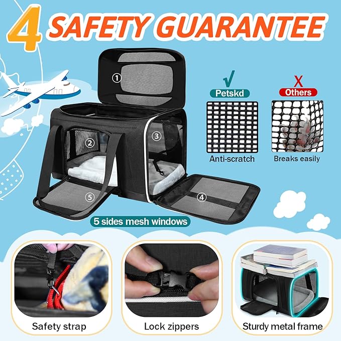 Petskd Top-Expandable Small Pet Carrier with Wheels (17" L x 12" W x 8.5" H), JetBlue/Allegiant/Spirit Airlines Approved, Rolling Pet Carrier for Small Dogs & Cats (Black)