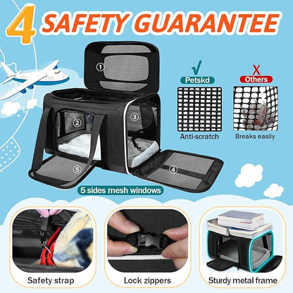 Petskd Top-Expandable Small Pet Carrier with Wheels(18" L x 11" W x 11" H), Delta/American/United Airlines Approved, Rolling Pet Carrier for Small Dogs & Cats (Black)