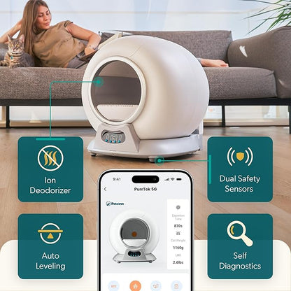 Petcove – Automatic Self Cleaning Litter Box – PurrTek Smart Automatic Litter Box for Multi-Cat Homes with Smart App Control (5GHz Wi-Fi), Triple Odor Control Quiet Operation & Advanced Safety Sensors