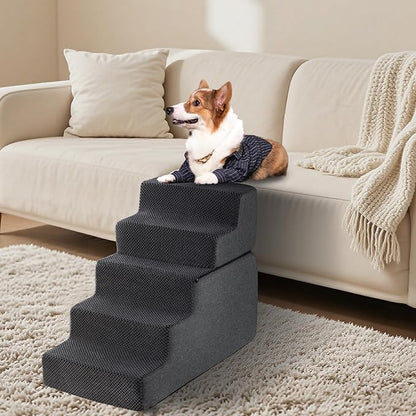 Dog Stairs for Small Dogs & Cats 22.5" H, 5-Step Non-Slip Dog Steps for Bed, Sofa and Chair, Pet Stairs with High Density Foam, Grey