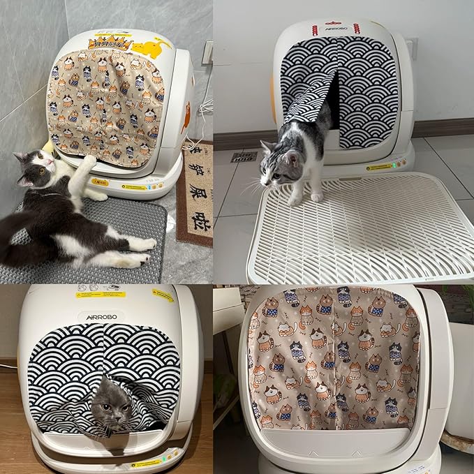 Curtain for Self Cleaning Cat Automatic Litter Box, Reduces Bounce, Stops Odors from The Litter Box Self Cleaning, Large-Diameter Trays Also Suitable.(White Cat)