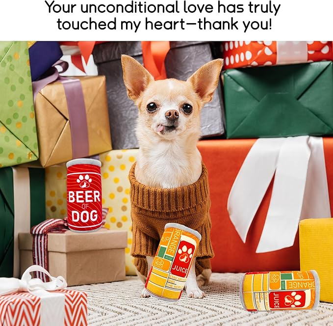Squeaky Plush Dog Toys 2 Pack - Funny Beer Puppy Toys with Squeaker for Small Medium Large Dogs, Soft Stuffed Chew Toys for Birthday Gifts(Red&Orange)