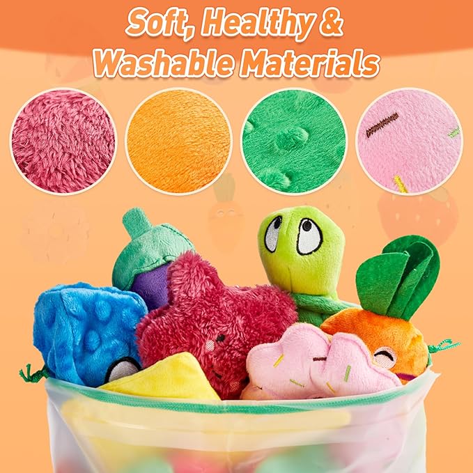 Squeaky Dog Toys, Small Puppy Toys, Cute Interactive Pets Toys Bulk for Small Medium Dogs Soft Plush Dog Toy Squeakers Pet Teething Chewers Fruit Vegetables Animals Set 15 Packs