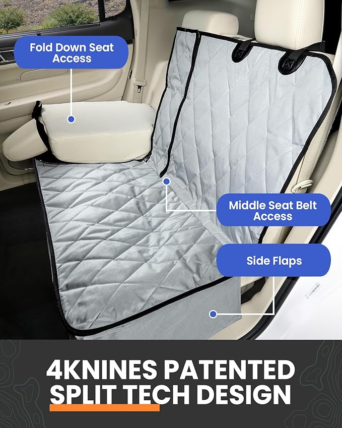 4Knines Dog Seat Cover for Back Seat, Heavy Duty Waterproof Rear Seat Protector for Small Trucks, SUVs, & Cars, Fits 60/40 Split Bench with Middle Seat Belt, Non-Slip Dog Backseat Cover (Regular, Tan)