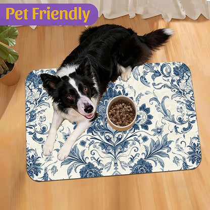 Vintage Floral Paisley Pet Feeding Mat, Absorbent Dog Cat Bowl Pad, Quick Dry, No Stains, Non-Slip Backing – 12x20 Inch