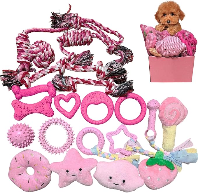20Pcs Puppy Teething Toys Cute Chew Toy Bundle for Puppies Includes Plush Squeaky Toys,Rubber Ball,Rope Toy,TPR Bone,Dental Chew Ring-Interactive Dog Toy Gift for Small Medium Dogs with Storage Bag