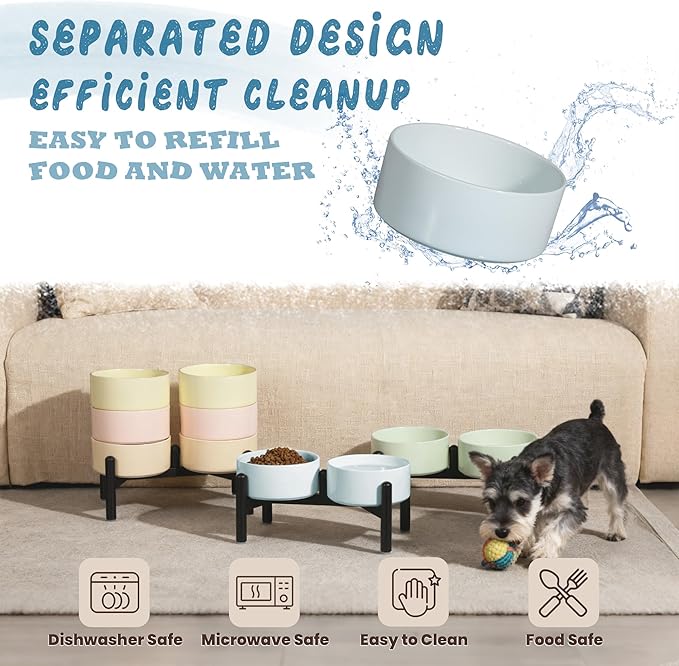 Ceramic Elevated Dog Bowl Set - Dog Feeder Station with Cute-Style Double Bowls for Small and Medium Size Breed - Non-Slip Raised Dish for Food and Water Feeding- 6 Inch - 3.5 Cups / 20 fl oz - Khaki