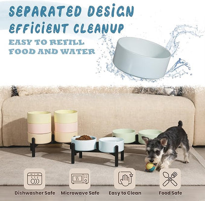 Ceramic Elevated Dog Bowl Set - Dog Feeder Station with Cute-Style Double Bowls for Small and Medium Size Breed - Non-Slip Raised Dish for Food and Water Feeding- 6 Inch - 3.5 Cups / 20 fl oz - Khaki
