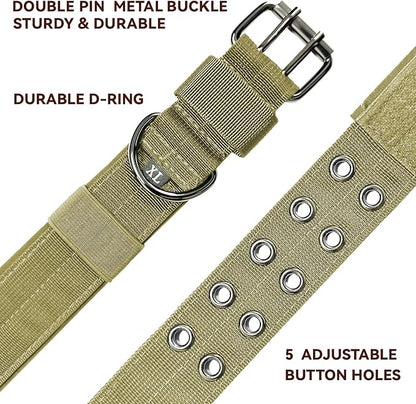 Heavy Duty Dog Collar for Large Dogs, Tactical Dog Collars with Metal Buckle & D Ring, 1.5" Width Thick Adjustable Nylon Collar for Medium Dogs, Khaki/M