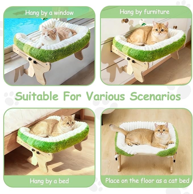 cat Window Perch for Indoor Cats Large Window Hammock with Washable Cover Suitable for All Seasons cat Window Bed for Adults Cats and Kittens(White and Green)