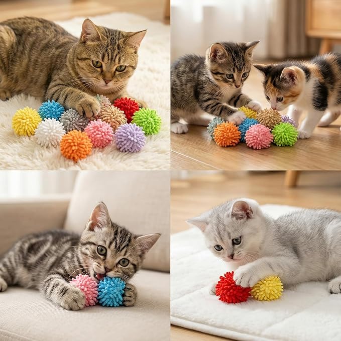 10 Pcs Pom Pom Balls for Cats,Multi-Colored Soft Fuzzy Balls for Cats,Cat Fuzzy Ball with Bell,for Feline's Body and Brain Workout and Indoor Kitten