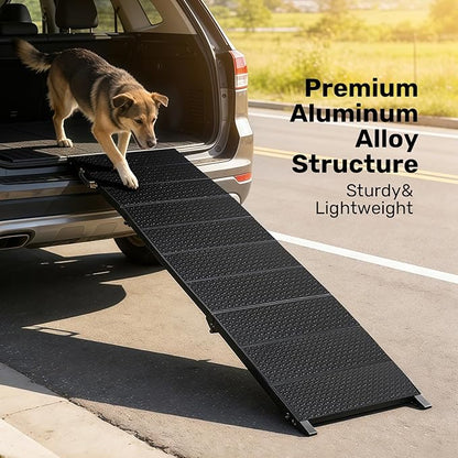 71" Extra Long Dog Ramp for Large Dogs, Heavy Duty Metal Frame Pet Ramp for High SUVs, Trucks and Cars, Portable Folding Travel Dog Ramps with Safety Latch, Supports up to 350lbs