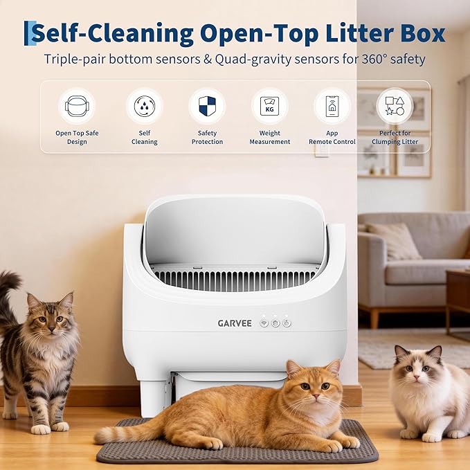 Self Cleaning Litter Box, Automatic Cat Litter Box with APP Control, Odor-Free Waste Disposal Includes Trash Bags, Large Waste Bin, Open-Top, for Multiple Cats, Light Grey