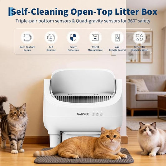 Self Cleaning Litter Box, Automatic Cat Litter Box with APP Control, Odor-Free Waste Disposal Includes Trash Bags, Large Waste Bin, Open-Top, for Multiple Cats, Light Grey
