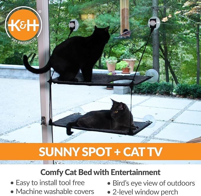 K&H Pet Products EZ Mount Double Stack Cat Window Perch for Large Cats, Sturdy Window Hammock Bed, Steel Frame, Sturdy Suction Cups, 2 Washable Shelf Covers, Foldable - Fits 27"W X 31"H Glass Spaces