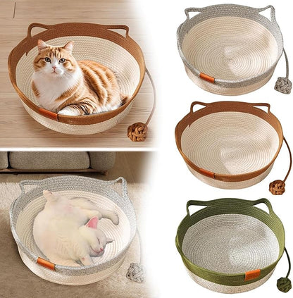 Handwoven Cat Basket with Toy Rope Ball, Foldable Scratchable Cat Hammock Bed, Breathable Cat Basket for Indoor Play Rest Sleeping (Grey)
