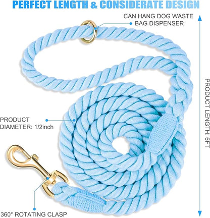 Dog Leash 6 FT Handmade Braided Cotton Rope Leashes for Small Medium and Large Dogs, New Golden Heavy Duty Metal Clasp, Light Blue