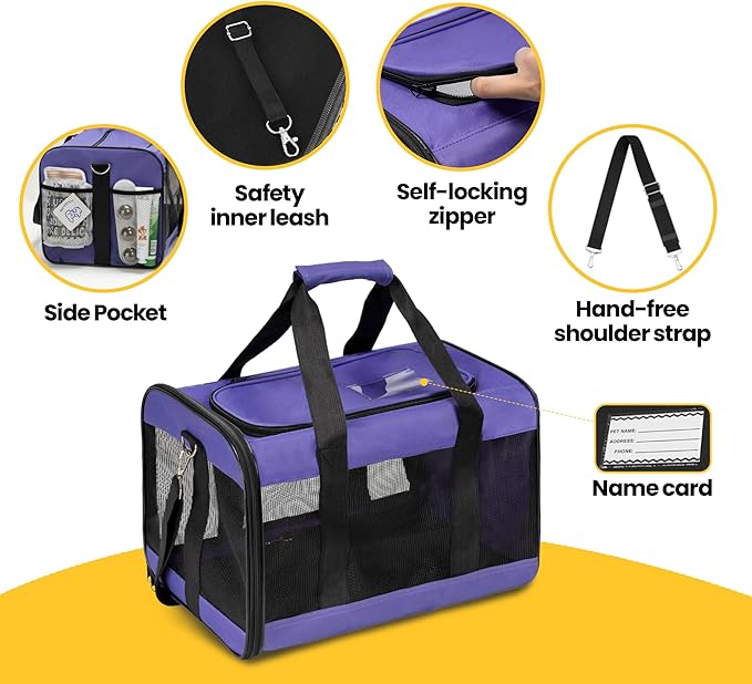 Dog Carrier Soft Sided, Large Cat Carrier with Inner Safety Leash, Pet Transport Carrier for Large Cats and Medium Dogs up to 20 Lbs, Collapsible Travel Puppy Carrier Bag -Purple L