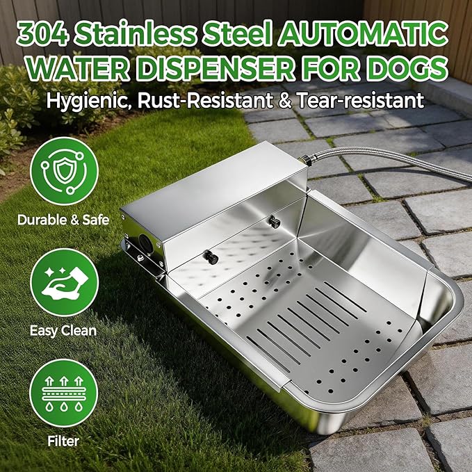 Automatic Dog Water Dispenser with Drain Hole & Sink Strainer, Stainless Steel Auto Dog Water Bowl with Float Valves, Hose Quick Connect Fitting, for Livestock, Chicken, Horse (4 Gallons)