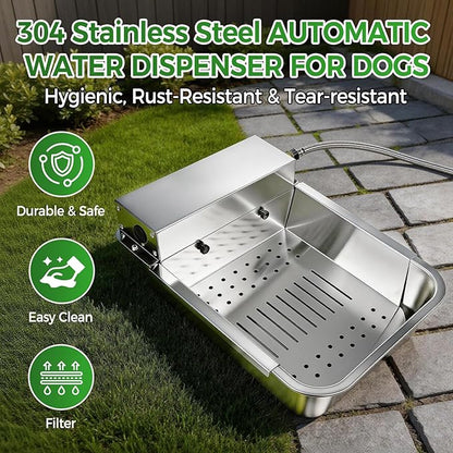 Automatic Dog Water Dispenser with Drain Hole & Sink Strainer, Stainless Steel Auto Dog Water Bowl with Float Valves, Hose Quick Connect Fitting, for Livestock, Chicken, Horse (4 Gallons)