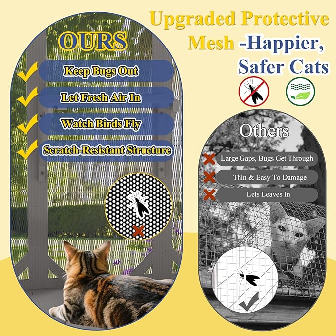 PetsCosset Cat Window Box Wooden Window Catio for Indoor Cats, Cat Enclosure with 4 Platforms & 3 Doors, Wall-Mounted Perch for Sunbathing, Play & Tunnel Connection, All-Weather Use, Keeps Insects Out
