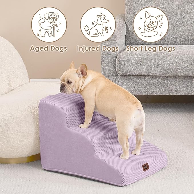 EHEYCIGA Curved Dog Stairs Ramp for Small Dogs 15.7" H, 3-Step Dog Steps for Couch Sofa and Chair, Pet Stairs for Cats, Non-Slip Balanced Pet Steps Indoor, Lilac