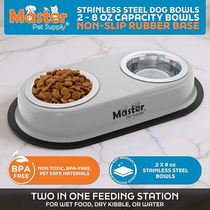Master Pet Supply Double Dog Bowls Set with Elevated Base and 2 (8 oz) Stainless Steel Removable Dishes (Light Gray) – Double Cat Food Water Bowl, Dog Puppy Food Bowl Set, Rust Resistant