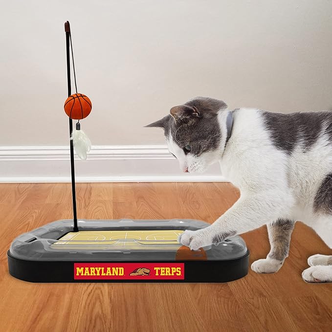 Cat Scratch Toy NCAA Maryland Terrapins Reversible Basketball Court Felt/Cardboard Cat Scratcher Toy. Interactive Cat Ball Bell in Tracks. 6-in-1 CAT Toy: Cat Wand Poll Catnip-Filled Plush Basketball