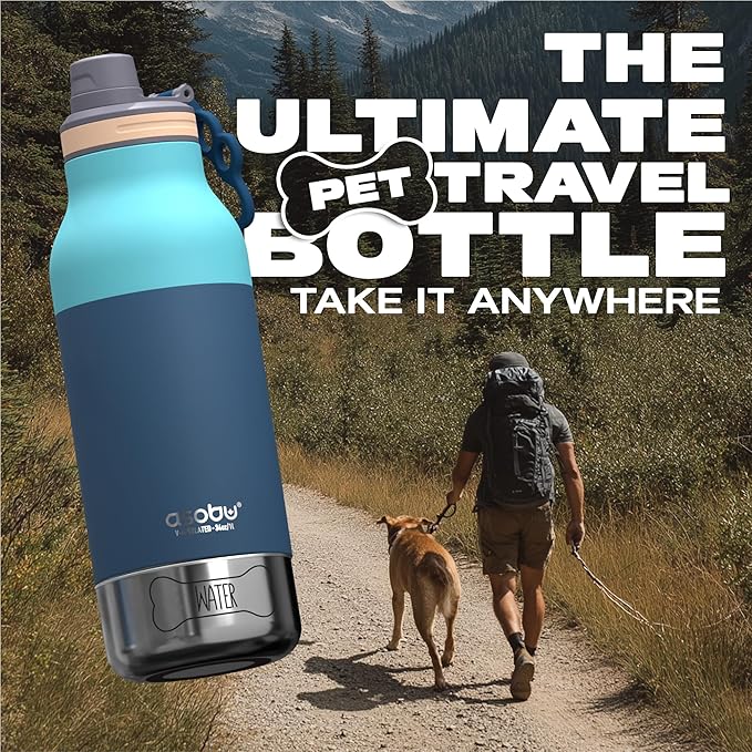asobu Buddy Bottle a Stainless Steel Insulated Water Bottle for with Removable Dog Water Bowl and Dog Food and Treat Storage Bowl (Pastel Green, 34 Oz)