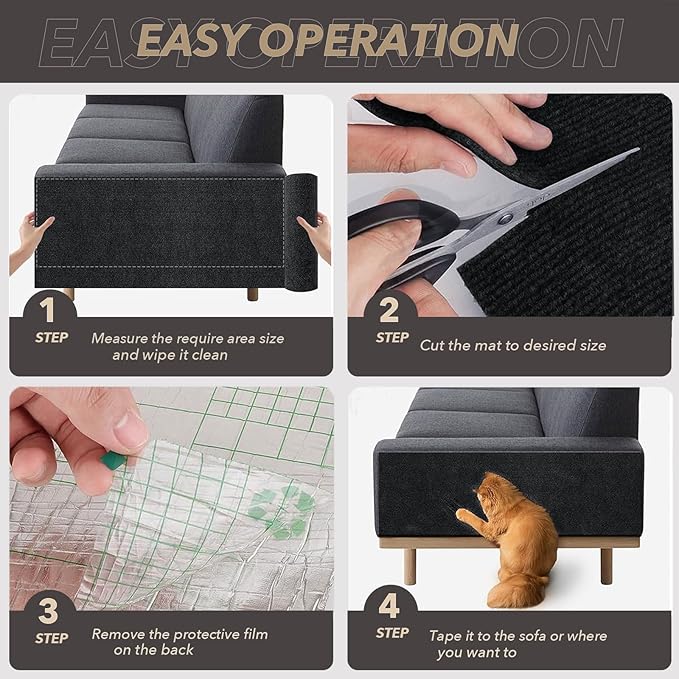 78.7"X15.8" Cat Scratching Mat, Self-Adhesive Cats Carpet, DIY Scratch Furniture Protector for Couch, Sofa, Wall & Doors, Durable Cat Scratch Guards Couch Cats Scratcher from Claw (Black)