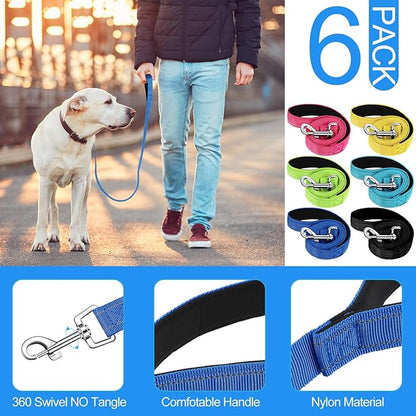 6 Pack 5 ft Nylon Dog Training Leashes Bulk for Medium and Large Dogs Heavy Duty Padded Handle Puppy Leash Traction Rope for Walking, Play, Camping