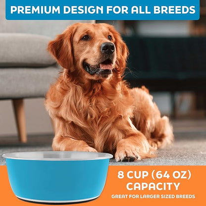 Master Pet Supply Stainless Steel Dog Bowls Set of 2 (64 Oz Each) with Non-Slip Rubber Base - True Blue - Basic Dog Food Bowl Water & Food Bowls for Small Medium Large Dogs & Cats, Metal Dish