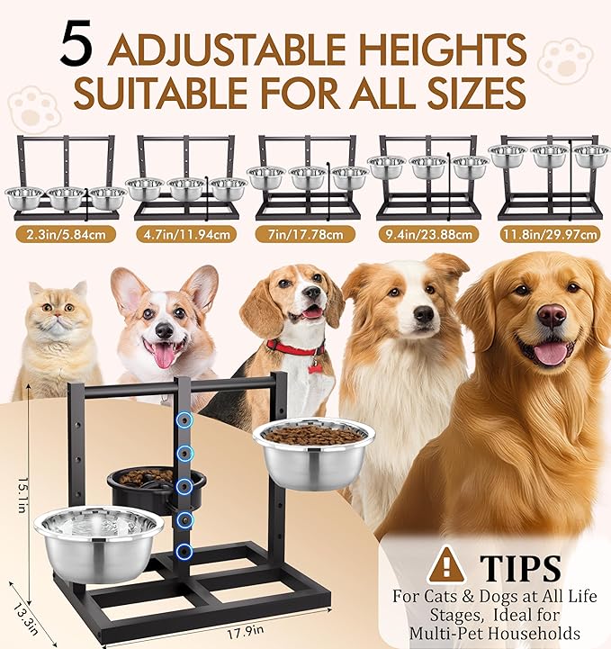 Elevated Dog Bowls Stand for Medium Large Dogs, 5 Adjustable Height Metal Raised Dog Bowl Stand 3 Food Water Bowls and Slow Feeder Bowl with Non-Slip Feet