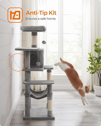 Feandrea Cat Tree, 55.1-Inch Cat Tower, Plush Multi-Level Condo with 4 Scratching Posts, 2 Perches, Hammock, Cave, Light Gray UPCT161W01