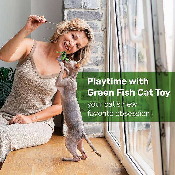 Cat Wand Refill Teaser Toy - Interactive Cat Wand Toy Attachment with Real Feathers - Fish (Green)