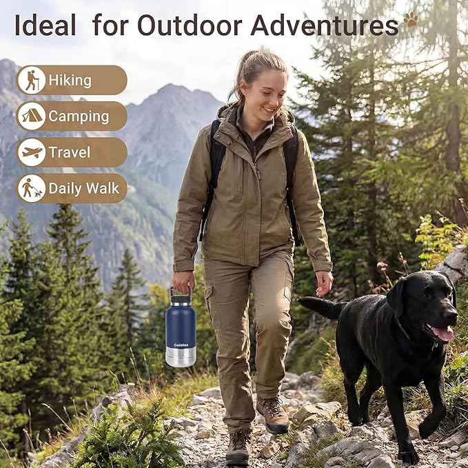 3-in-1 Dog Water Bottle Portable, 32oz Insulated Stainless Steel Pet Water Dispenser with 2 Detachable Travel Dog Bowls for Water & Food, Leak-Proof Puppy Water Bottle for Hiking, Walking (Blue)