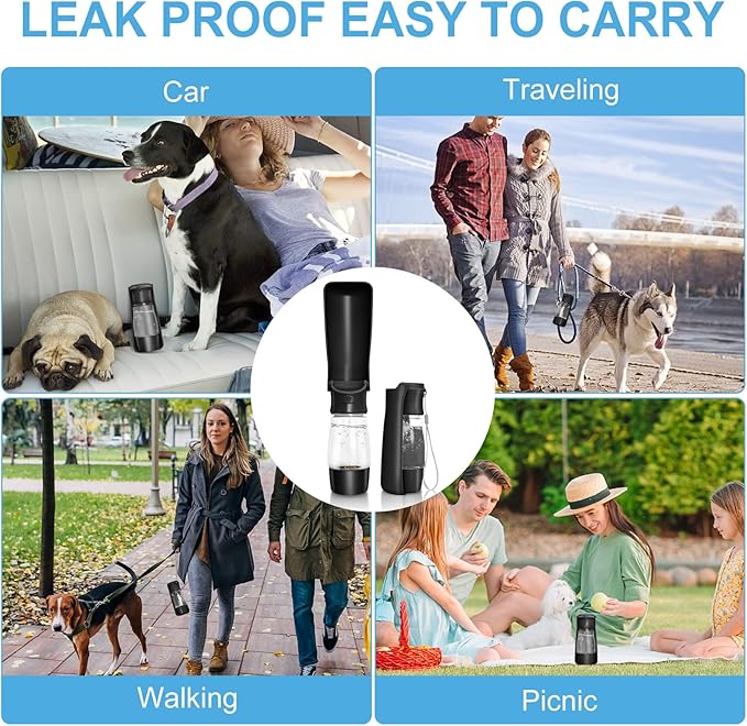 Dog Water Bottle with Food Container, Collapsible Portable Dog Water Dispenser Leak Proof Puppy Drinking Cup, Dog Travel Water Bowls Accessories for Pet Outdoor Walking Hiking (Black)