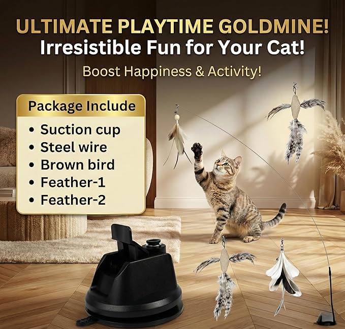 SHAZORY Interactive Bird Simulation Cat Toy Set, Interactive Cat Toys for Indoor Cats, Cat Feather Toy, Self-Holding Suction Base, 2 Feather Replacements with Bells, Realistic Bird Impression