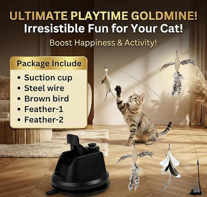 SHAZORY Interactive Bird Simulation Cat Toy Set, Interactive Cat Toys for Indoor Cats, Cat Feather Toy, Self-Holding Suction Base, 2 Feather Replacements with Bells, Realistic Bird Impression