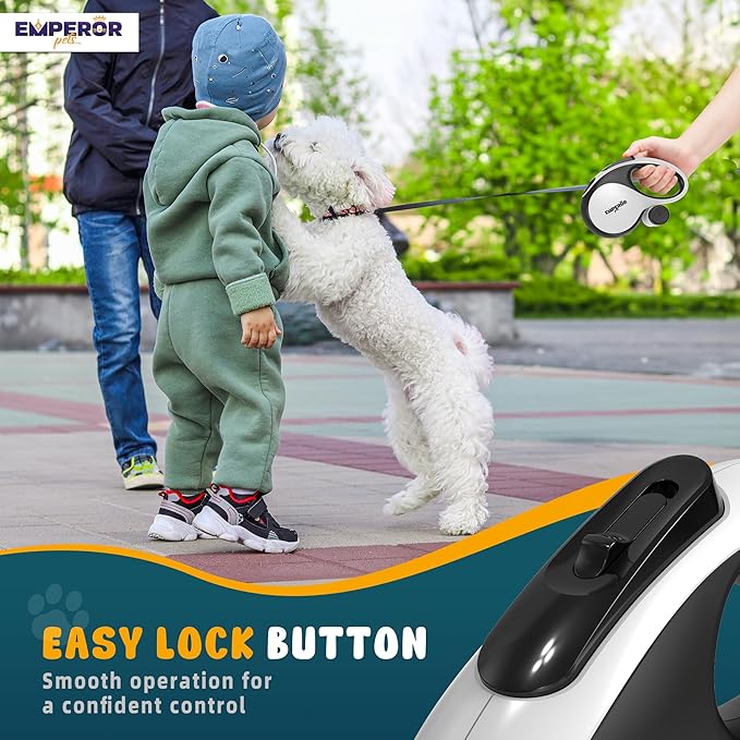 Emperor Pets 16 ft Retractable Dog Leash White - Heavy Duty Retractable Pet Leash with Anti-Slip Grip for Medium to Large Dogs up to 110 lbs -Aura BW16