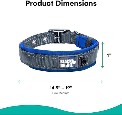 Black Rhino Dog Collars for Medium Dogs - Adjustable Reflective Heavy Duty Dog Collar with Ultra-Soft Neoprene Padding - Weatherproof, Durable, and Comfortable for Active Dogs - Sport Blue and Black