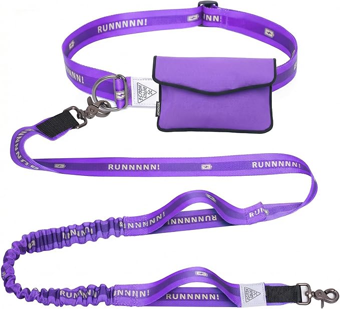 Hands Free Dog Leash, Heavy Duty with Waist Belt & Storage Pouch, Strong Pull Control, Two Handles Bungee for Running & Walking, Big & Medium Dogs, Purple