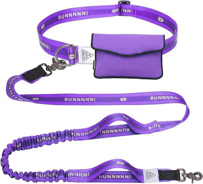 Hands Free Dog Leash, Heavy Duty with Waist Belt & Storage Pouch, Strong Pull Control, Two Handles Bungee for Running & Walking, Big & Medium Dogs, Purple