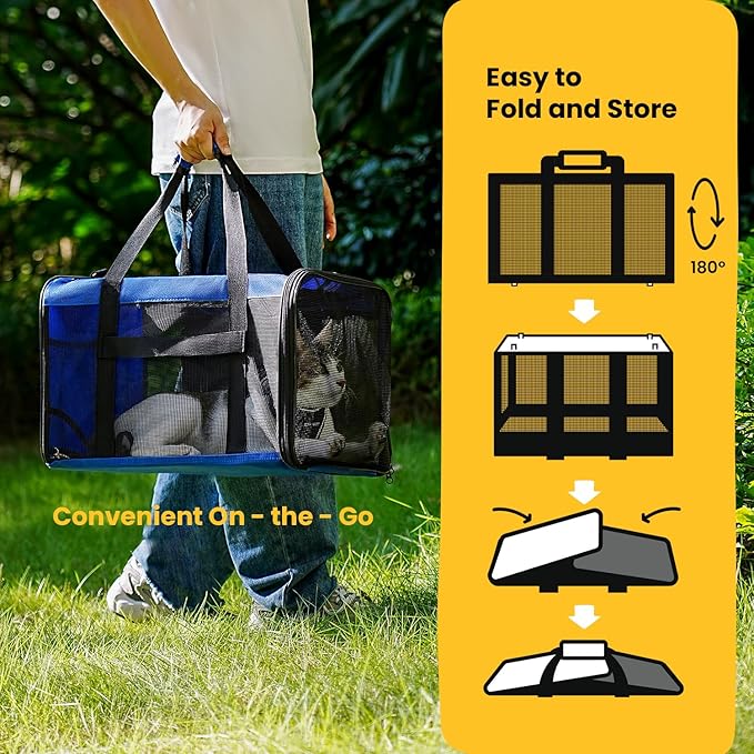 Cat Carrier Bag,Soft-Sided Pet Carriers for Dogs with 4-Sided Mesh,Airline Approved Cat Transport Carrier for Small&Medium Cats Kitten Puppy Up to 15LB,Collapsible Cat Travel Carrier-M,Blue