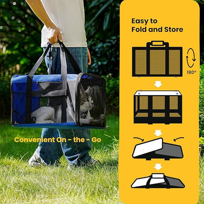Cat Carrier Bag,Soft-Sided Pet Carriers for Dogs with 4-Sided Mesh,Airline Approved Cat Transport Carrier for Small&Medium Cats Kitten Puppy Up to 15LB,Collapsible Cat Travel Carrier-M,Blue