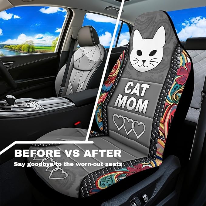 Cat Mom Car Seat Covers 2 Pcs Waterproof Front Seat Covers Boho Floral Bucket Seat Cover Car Interior Accessories for Women Men